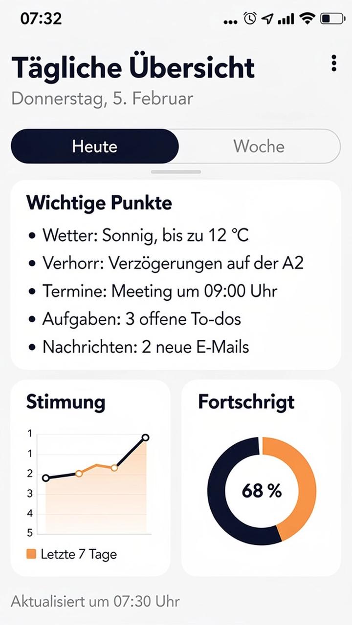 App-Screenshot: Tägliches Briefing mit kompakten Highlights