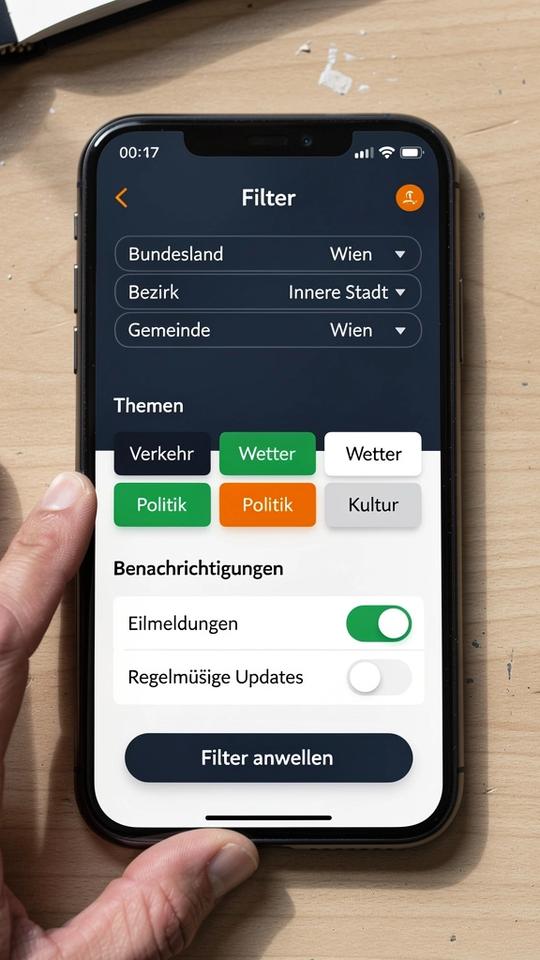 Filter-Ansicht mit Auswahl von Bundesland, Gemeinde und Themen