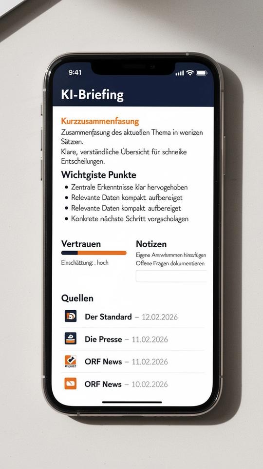 Briefing-Ansicht mit KI-Zusammenfassung und Quellenhinweisen